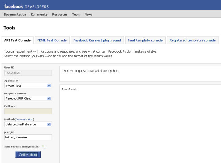 Facebook API Experiments: Twitter Tags