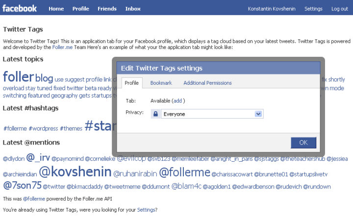 Facebook API Experiments: Twitter Tags